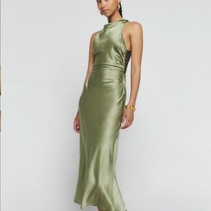 Reformation Casette Silk Dress in Artichoke